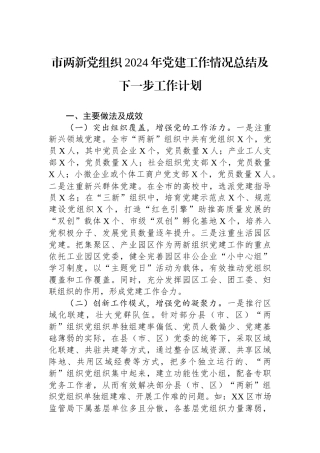 市两新党组织2024年党建工作情况总结及下一步工作计划