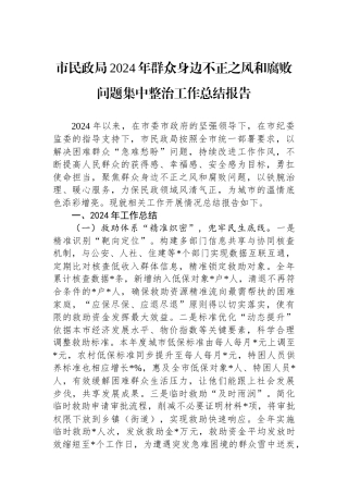 市民政局2024年群众身边不正之风和腐败问题集中整治工作总结报告