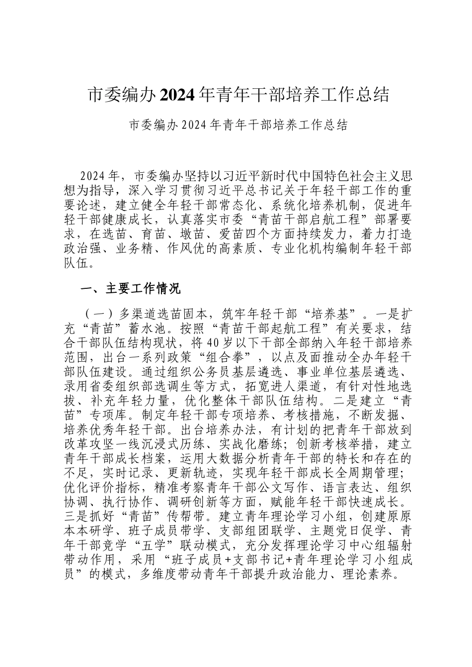 市委编办2024年青年干部培养工作总结_第1页