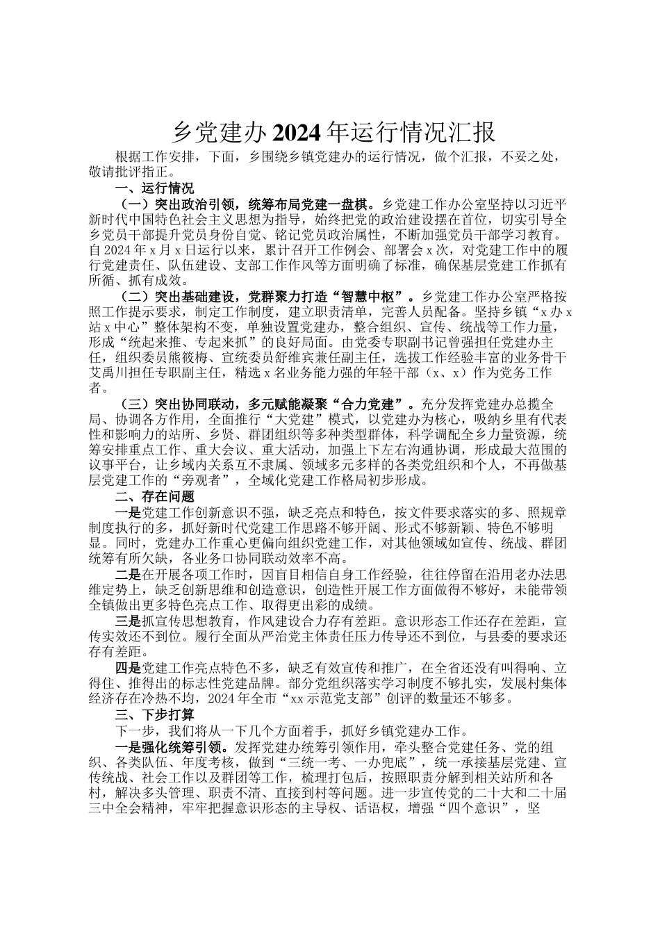 乡党建办2024年运行情况汇报_第1页