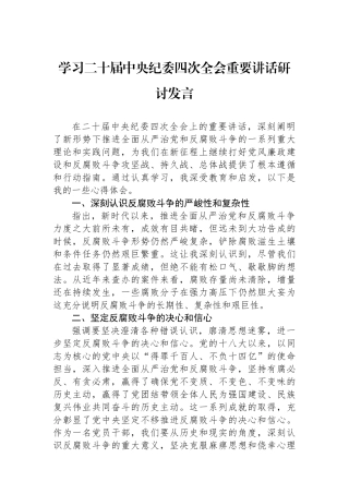 学习二十届中央纪委四次全会重要讲话研讨发言