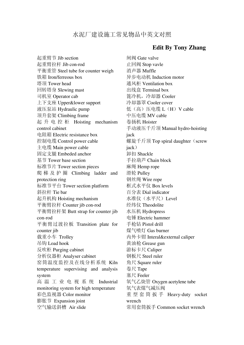 水泥厂建设施工常见物品中英文对照_第1页