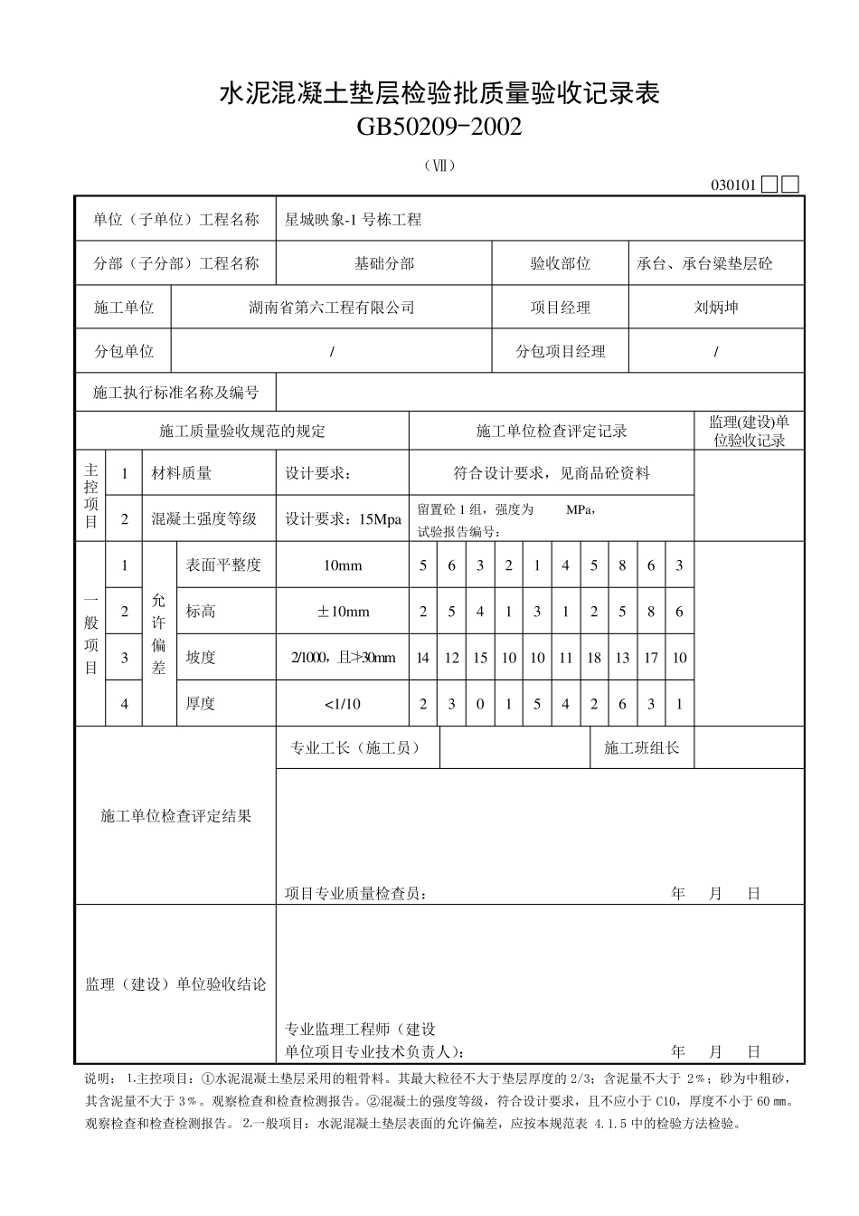 水泥混凝土垫层检验批质量验收记录表_第1页