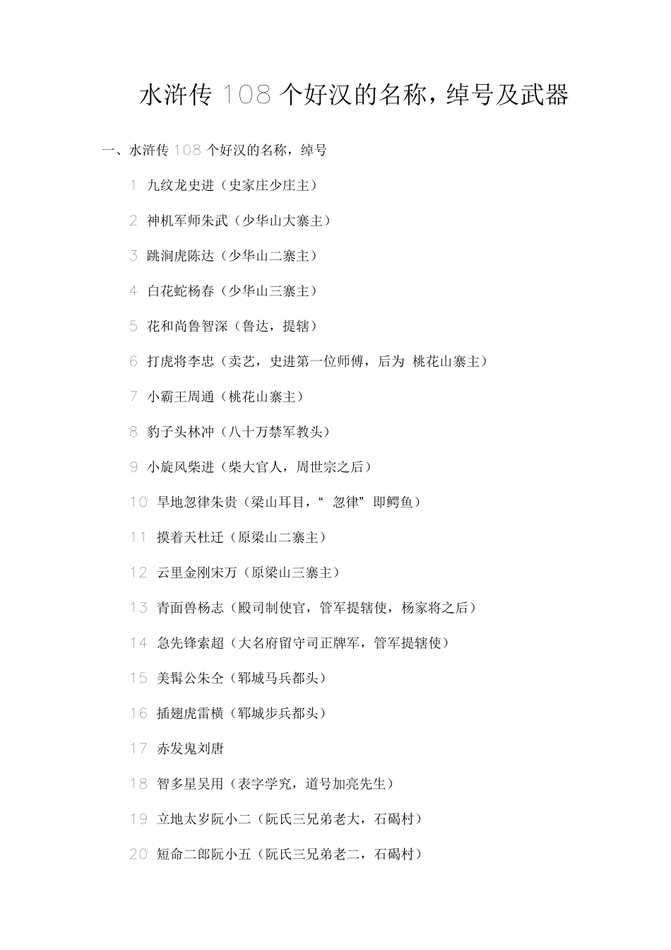 水浒传108个好汉的名称、绰号及武器_第1页