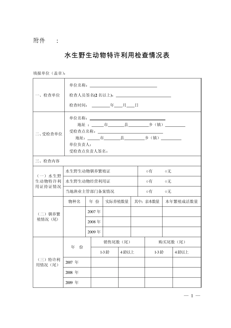 水生野生动物特许利用检查情况表_第1页