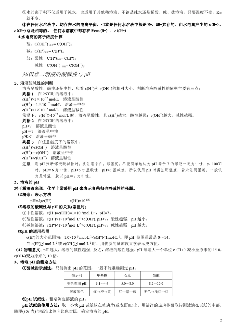 水的电离和溶液的酸碱性知识点总结大全_第2页