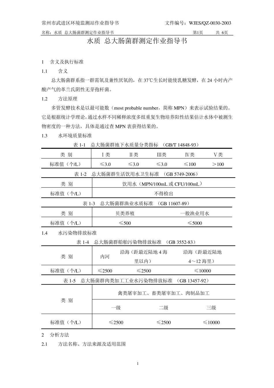 水质总大肠菌群测定作业指导书_第1页