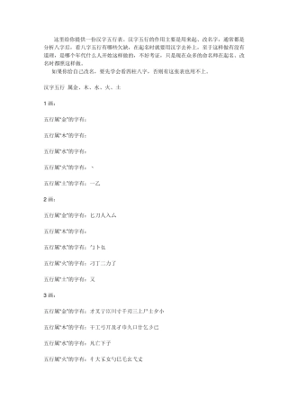 汉字五行表取名用