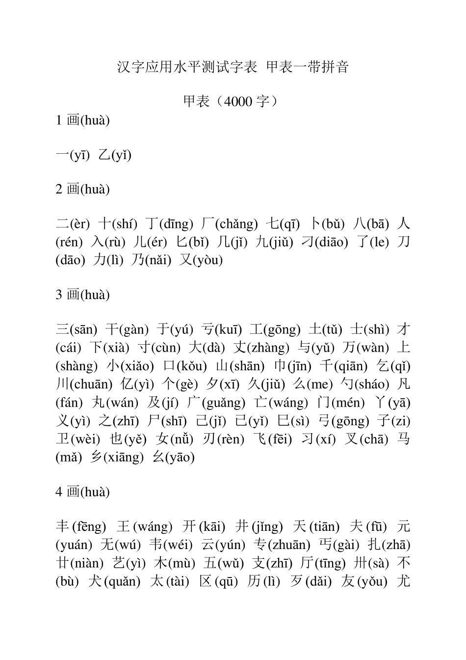 汉字应用水平测试字表甲表一带拼音_第1页