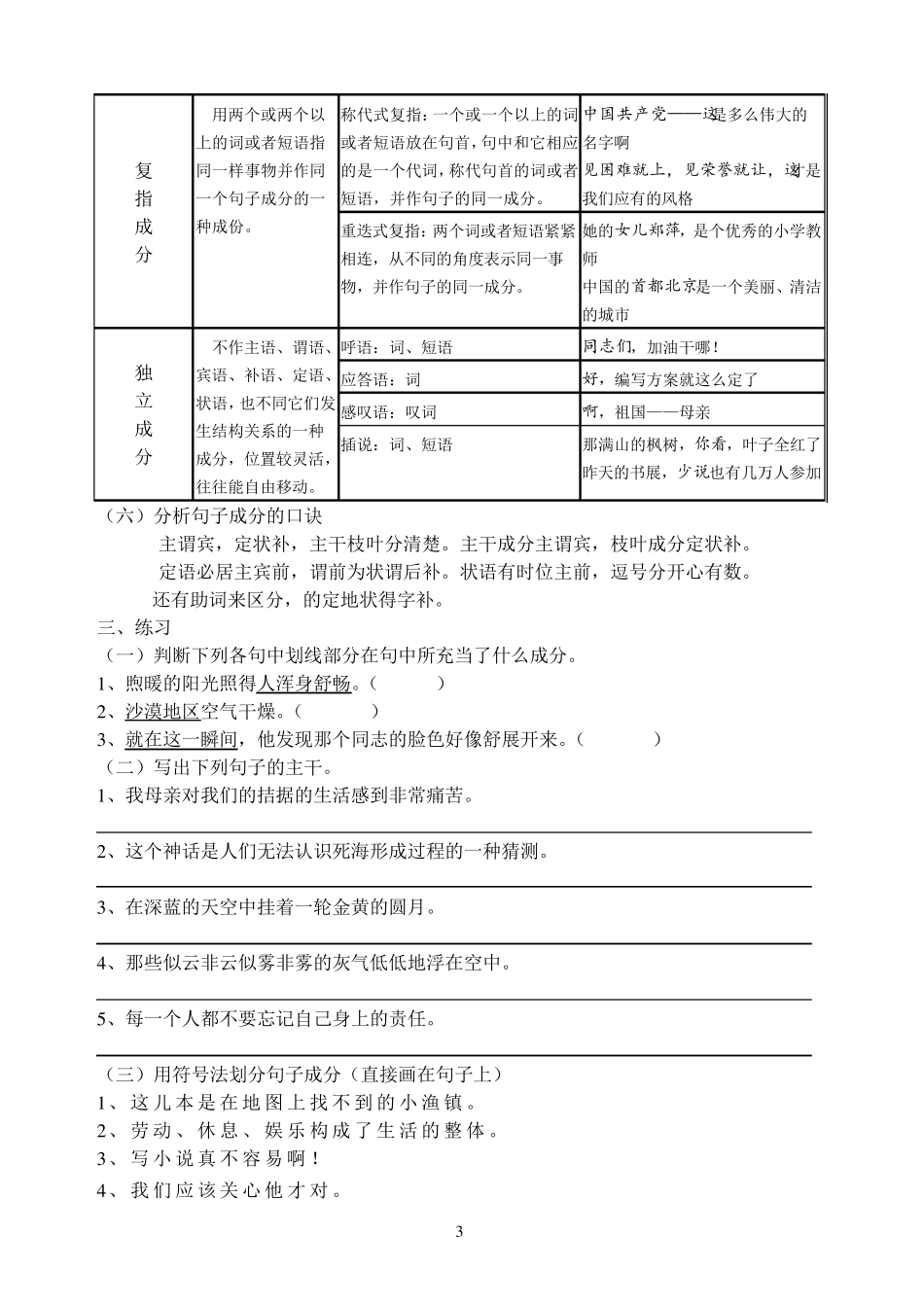 汉语句子成分资料、练习附答案_第3页