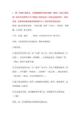 初中历史简答题复习资料：近代化的早期探索与民族危机的加剧