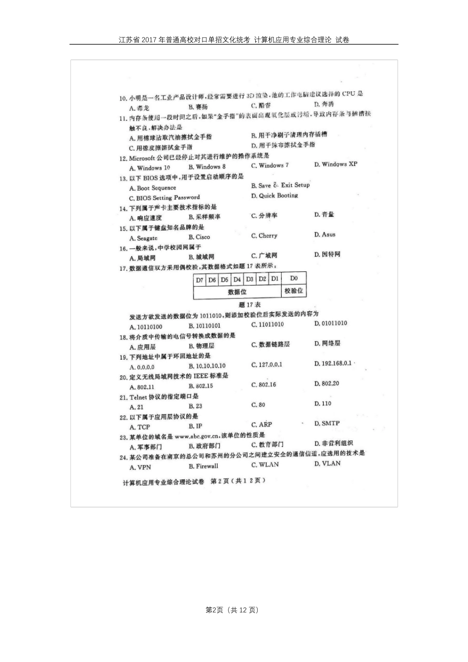 江苏省2017年普通高校对口单招文化统考计算机应用专业综合理论试卷_第2页