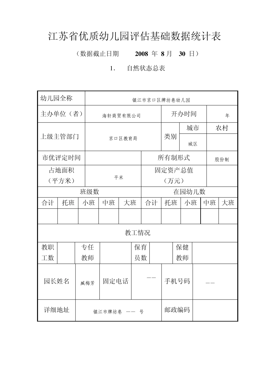 江苏省优质幼儿园评估基础数据统计表_第1页