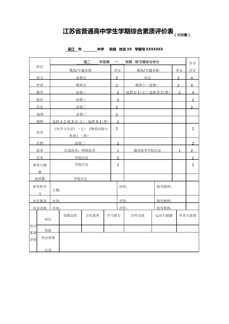 江苏省普通高中学生学期综合素质评价表(学期表)_第3页