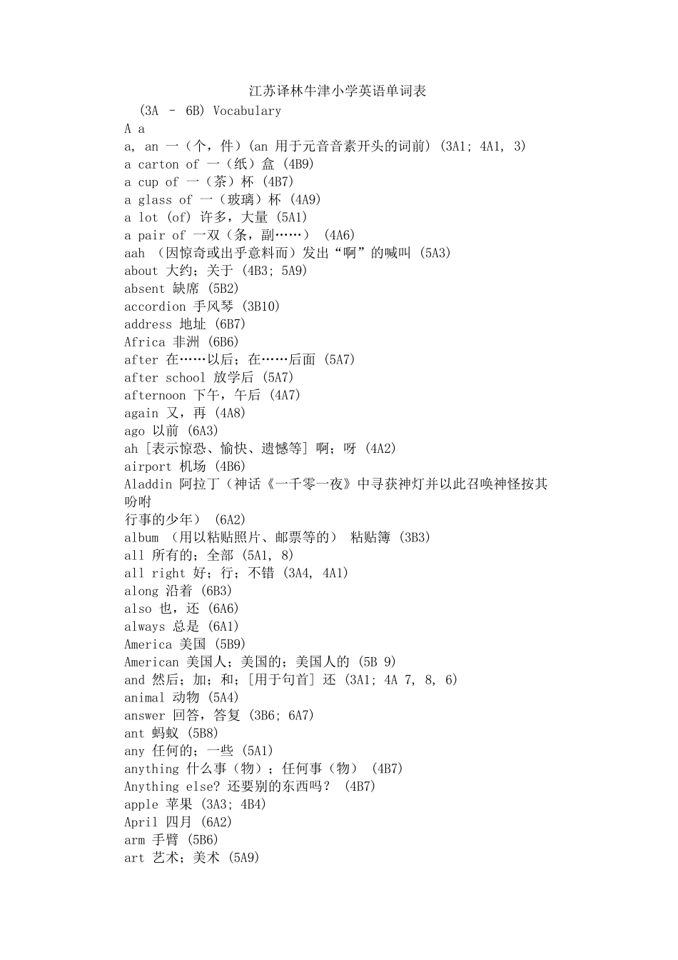 江苏译林牛津小学英语全部单词表_第1页