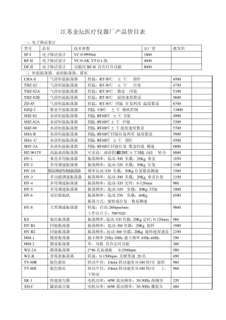 江苏金坛医疗仪器厂产品价目表