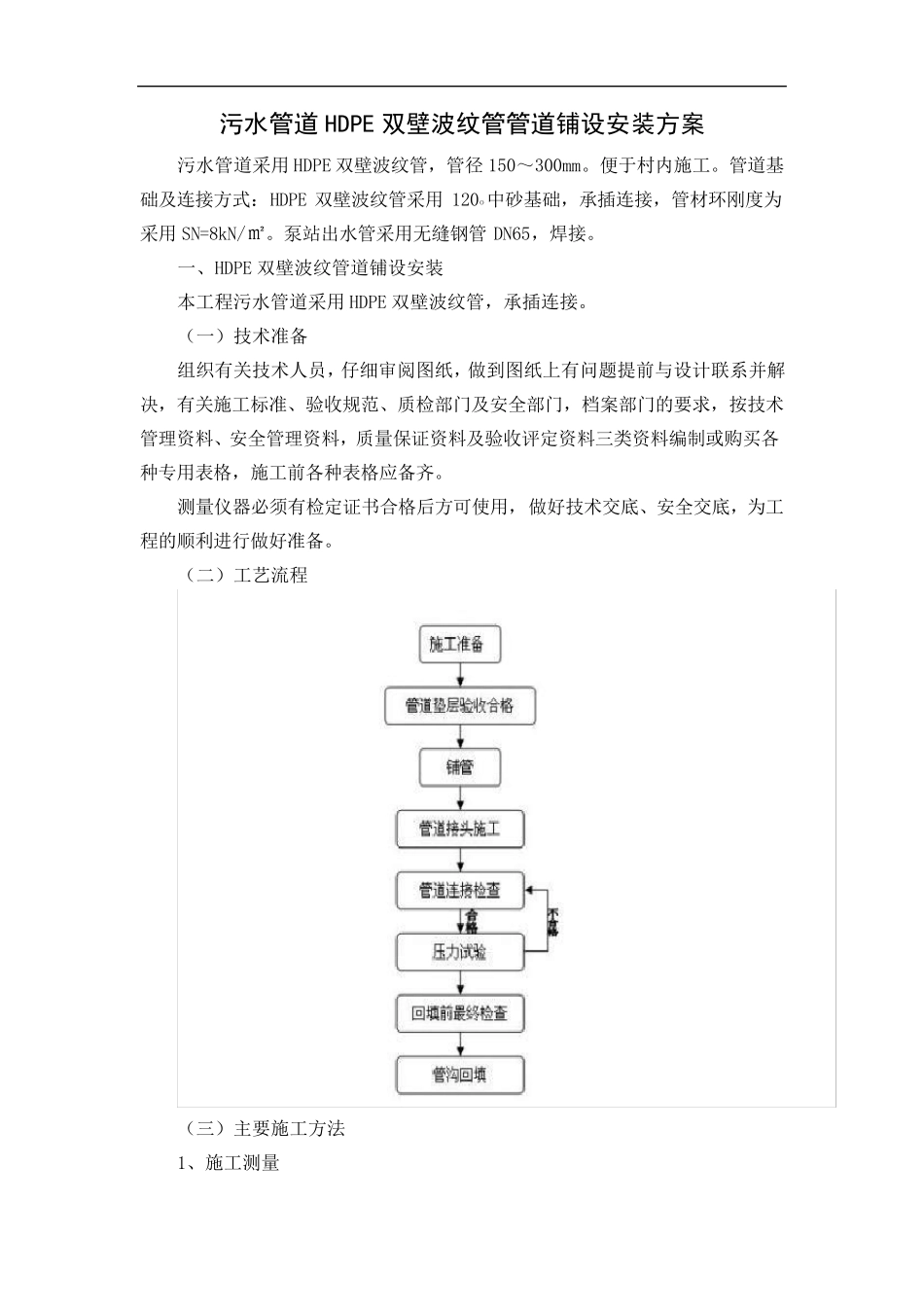 污水管道HDPE双壁波纹管管道铺设安装方案_第1页