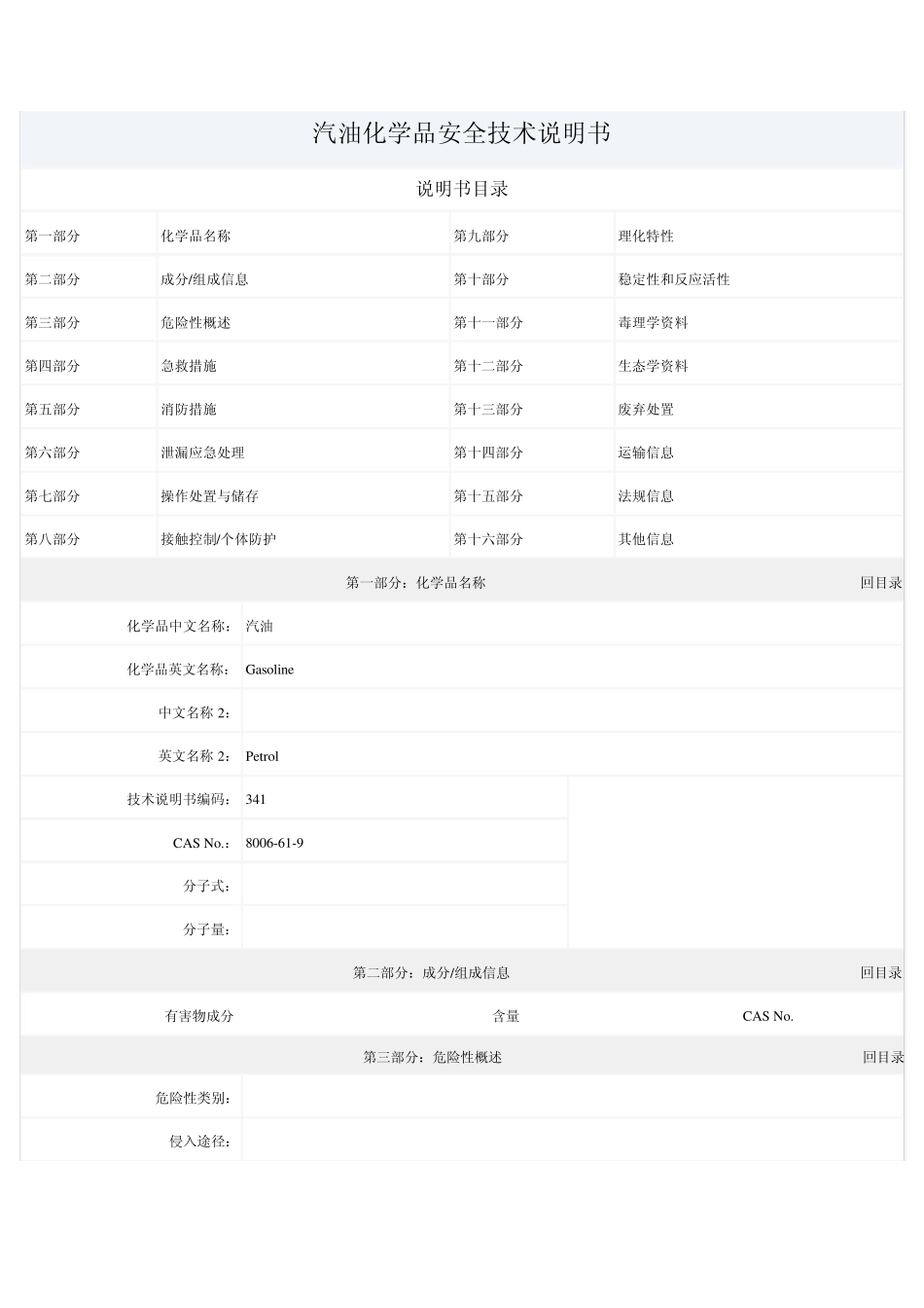 汽油化学品安全技术说明书MSDS_第1页