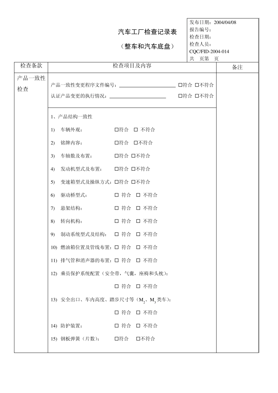 汽车(整车和汽车底盘)工厂检查记录_第1页
