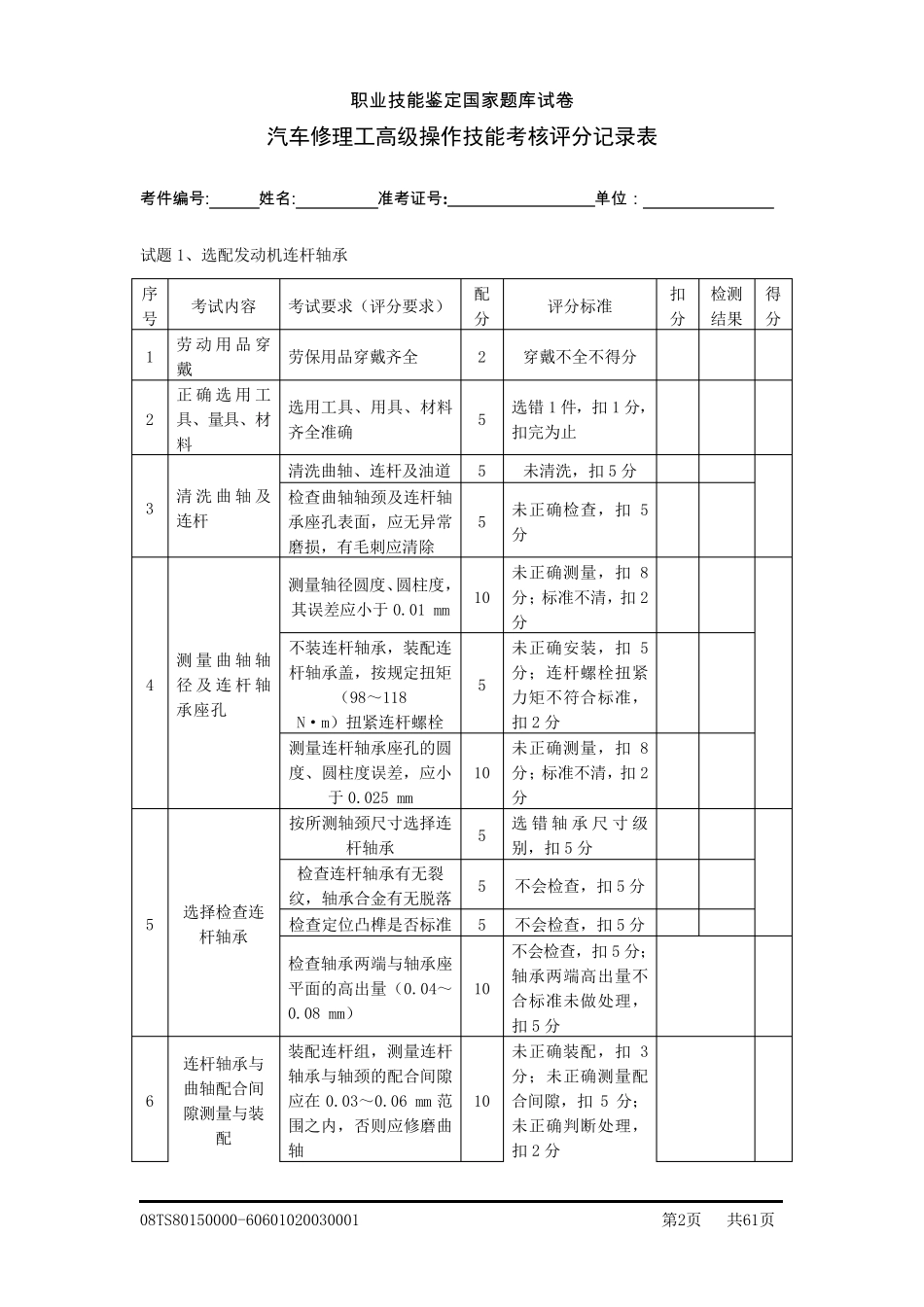 汽车修理工(高级)评分记录表_第2页