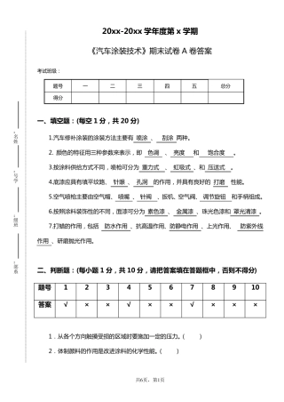 汽车涂装技术期末试卷A答案