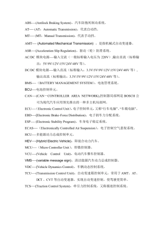 汽车行业字母简写含义