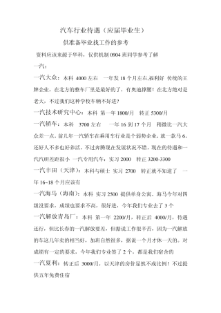 汽车行业待遇(应届毕业生)