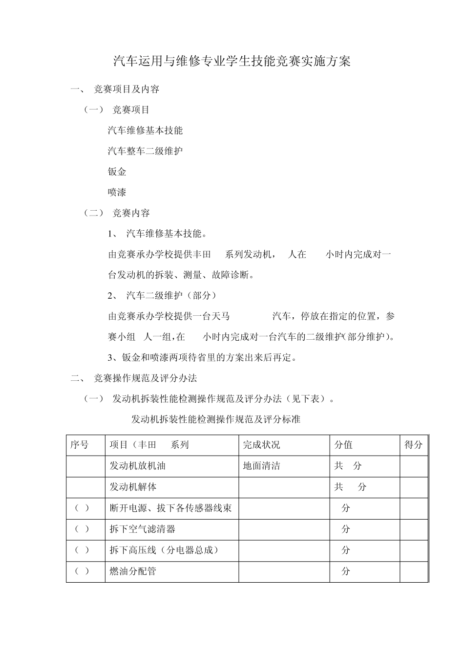 汽车运用与维修专业学生技能竞赛实施方案_第1页