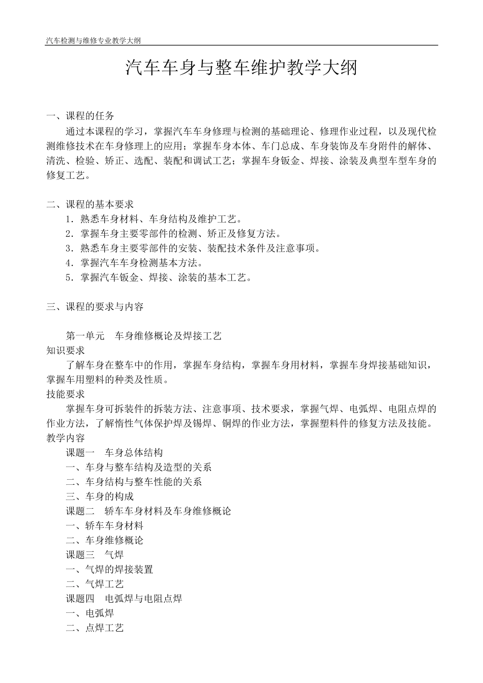 汽车钣金教学大纲_第1页
