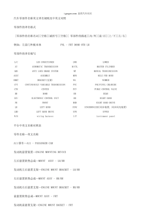 汽车零部件名称英文译名规则及英文对照