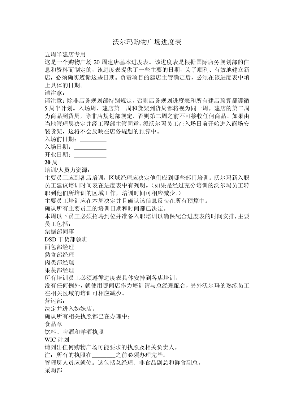 沃尔玛购物广场开店进度表(时间)_第1页