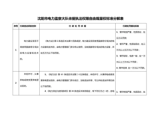 沈阳市电力监察大队依据执法权限自由裁量权标准分解表