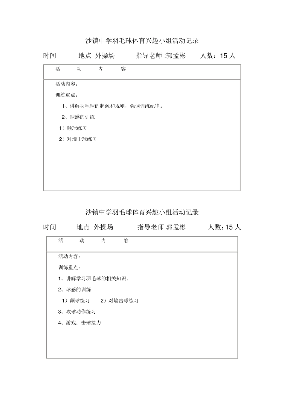 沙镇中学.羽毛球兴趣小组活动记录_第1页