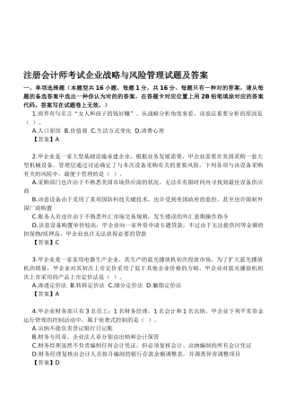 2025年注册会计师考试公司战略与风险管理试题及答案