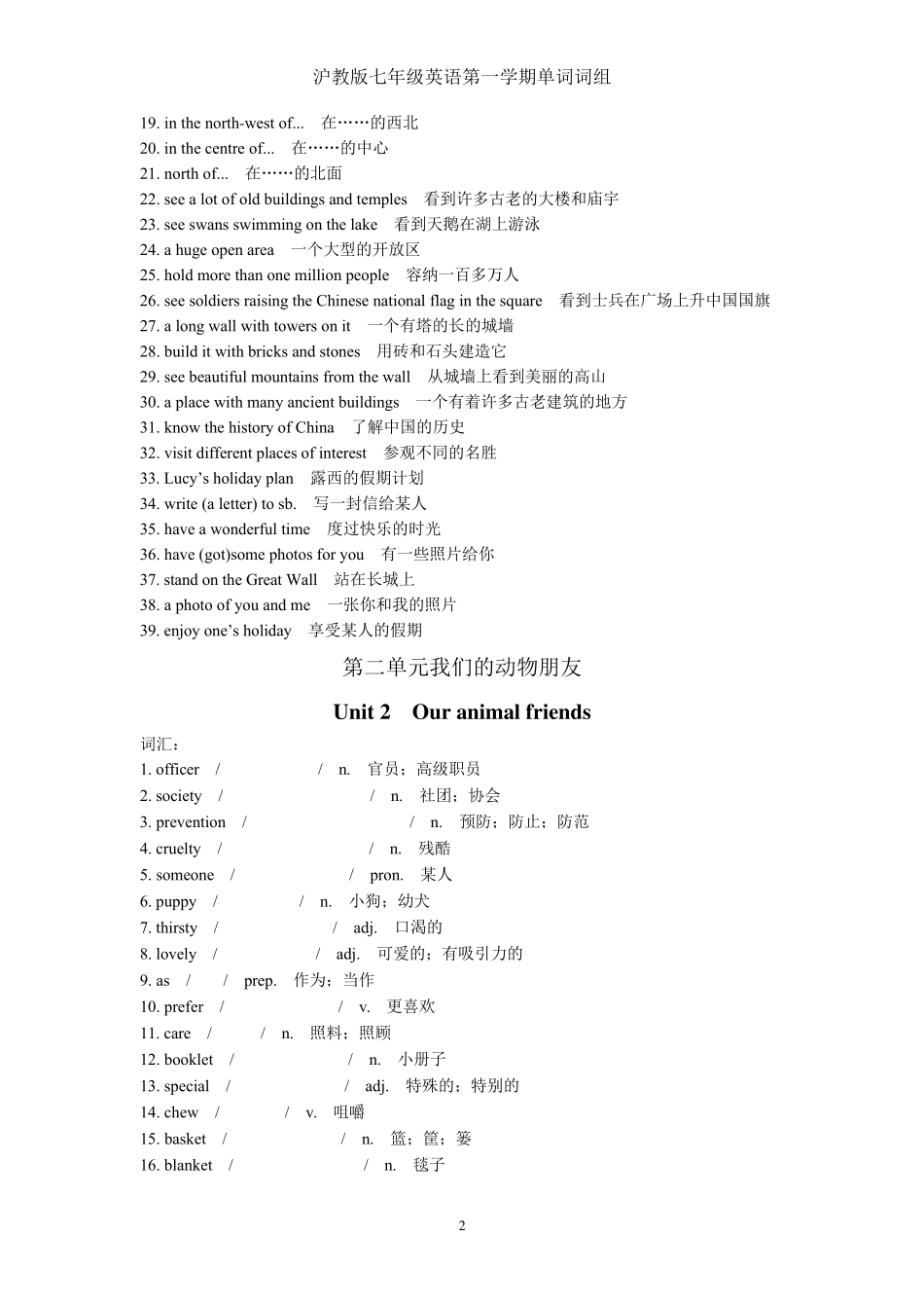 沪教版七年级英语第一学期单词词组_第2页