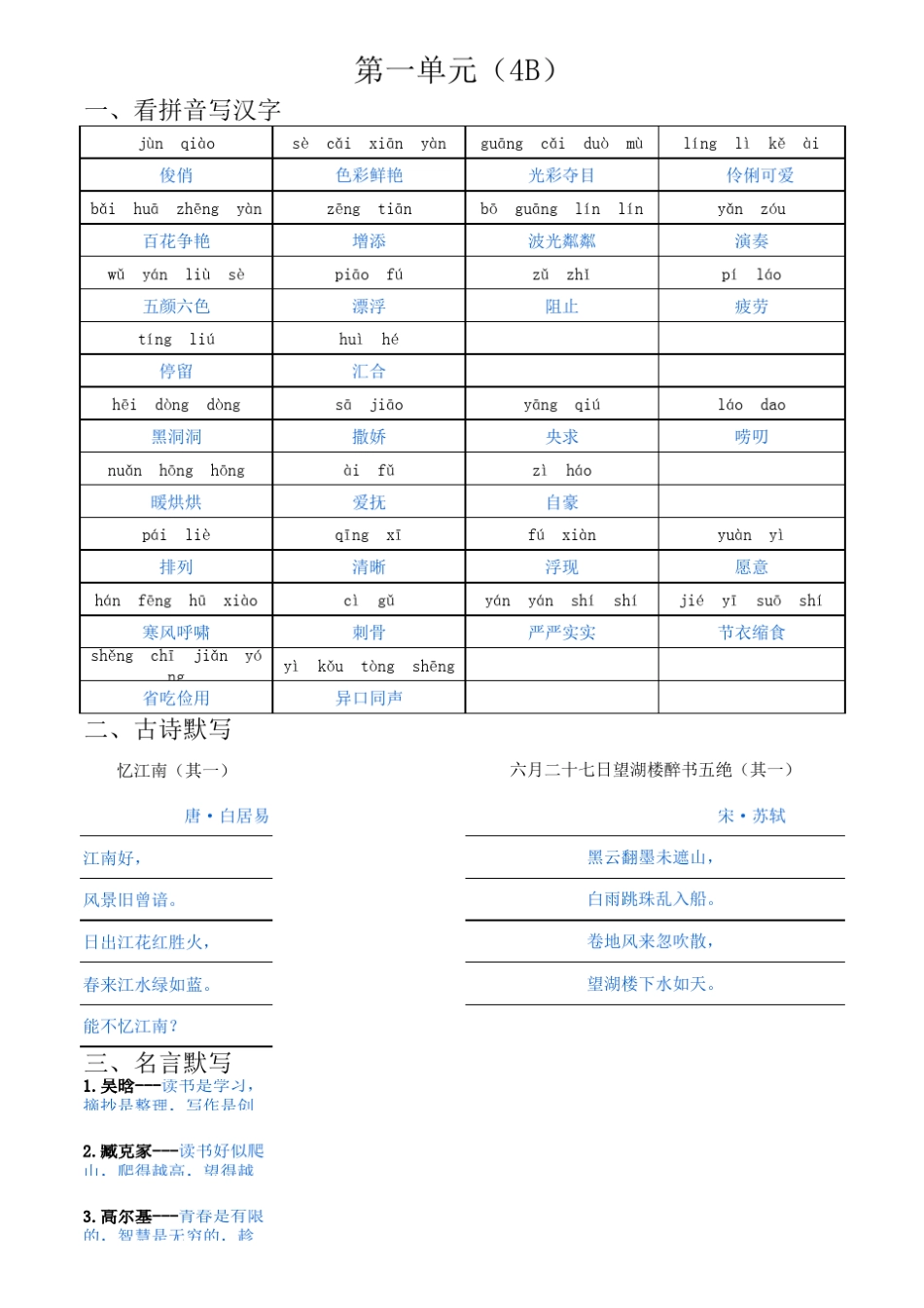 沪教版小学语文四年级下词语表(带拼音)古诗名言_第1页