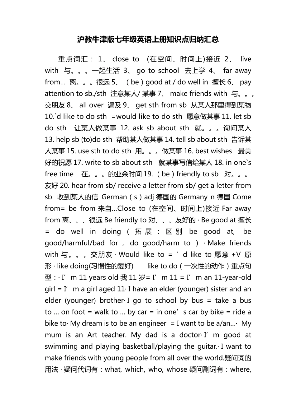 沪教牛津版七年级英语上册知识点归纳汇总_第1页