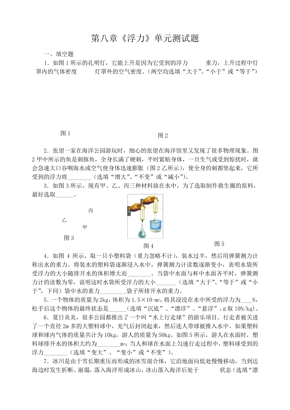 沪科版八年级物理下册《浮力》单元测试题_第1页
