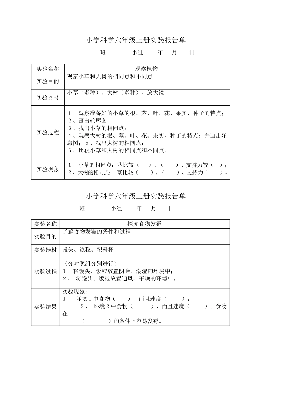 河北版六年级小学科学学生分组实验报告单冀教版_第1页