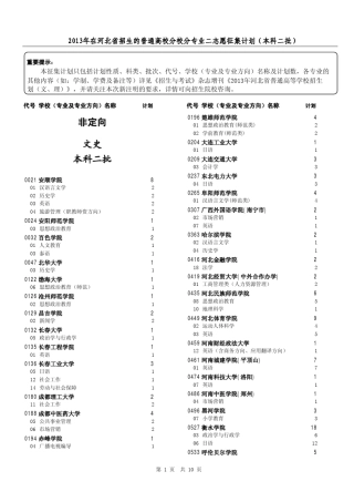 河北省2013本科二批征集志愿计划