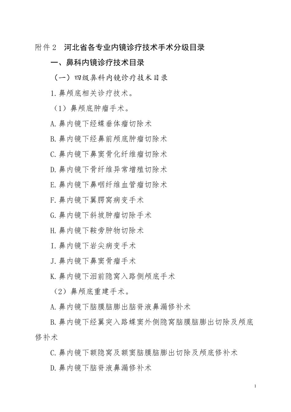 河北省各专业内镜诊疗技术手术分级目录_第1页