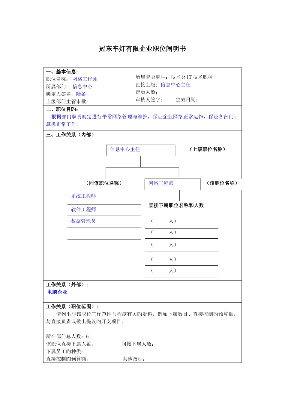 2025年冠东车灯公司信息中心网络工程师职位说明书_第1页