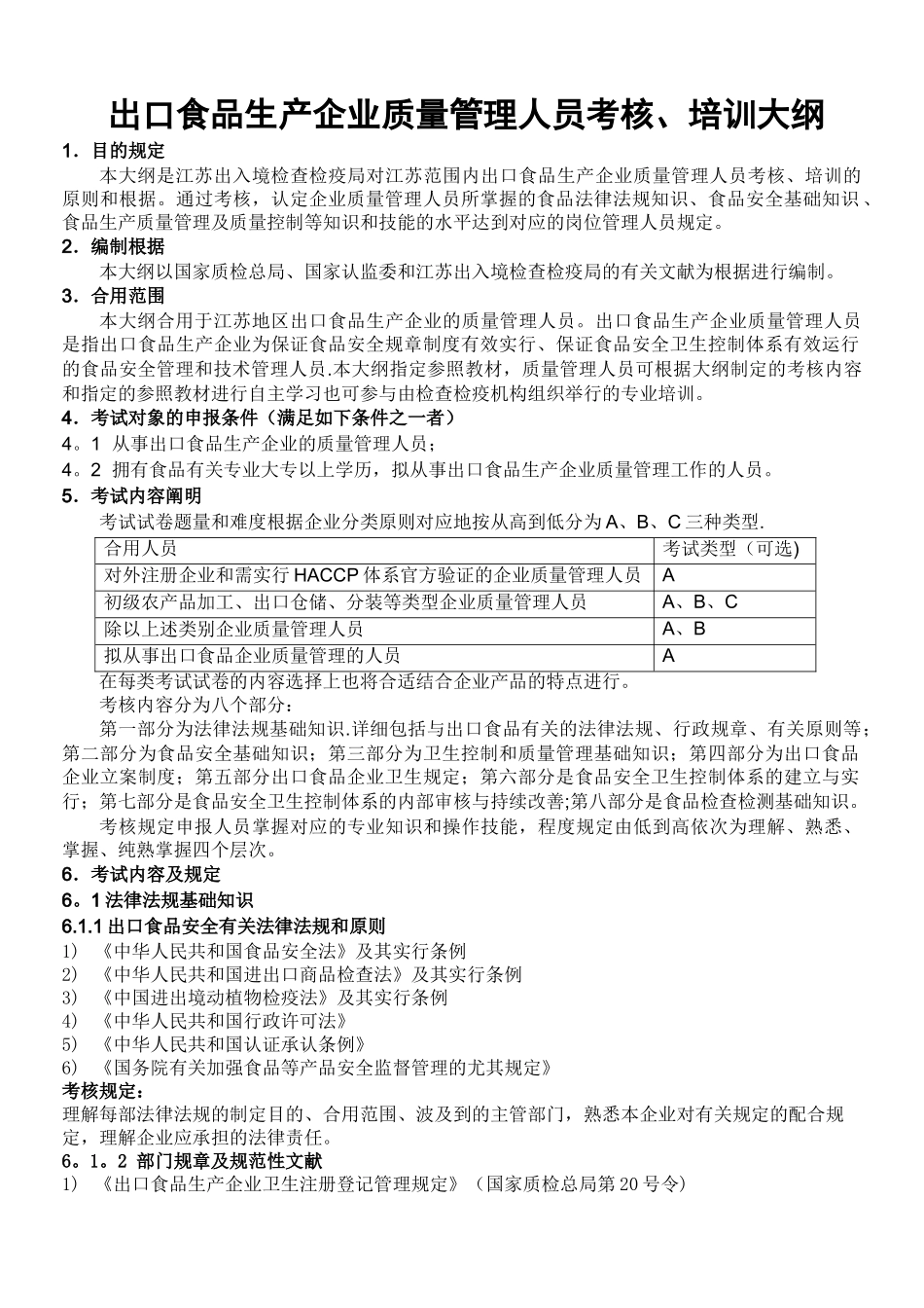 2025年出口食品生产企业质量管理人员考核培训大纲_第1页