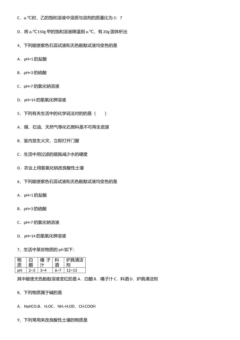 2025年初中九年级化学第十单元酸和碱常考点_第2页
