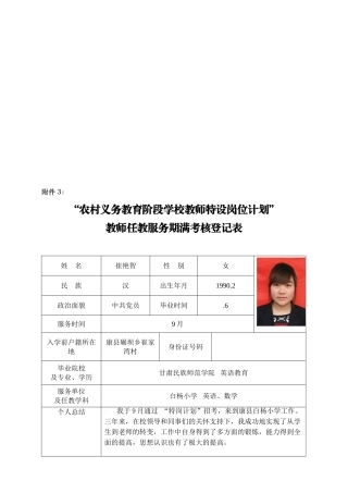 2025年服务期满特岗教师考核登记表崔艳智