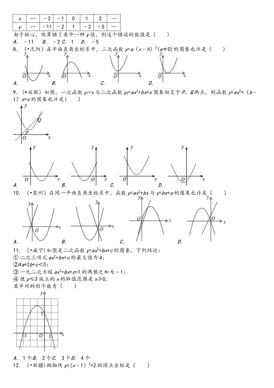 2025年中考数学真题分类汇编二次函数填空选择50题含解析_第2页