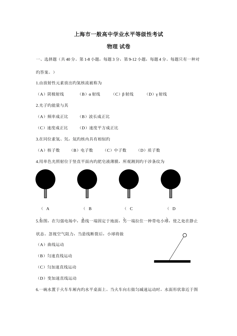 2025年上海物理水平等级考含答案_第1页