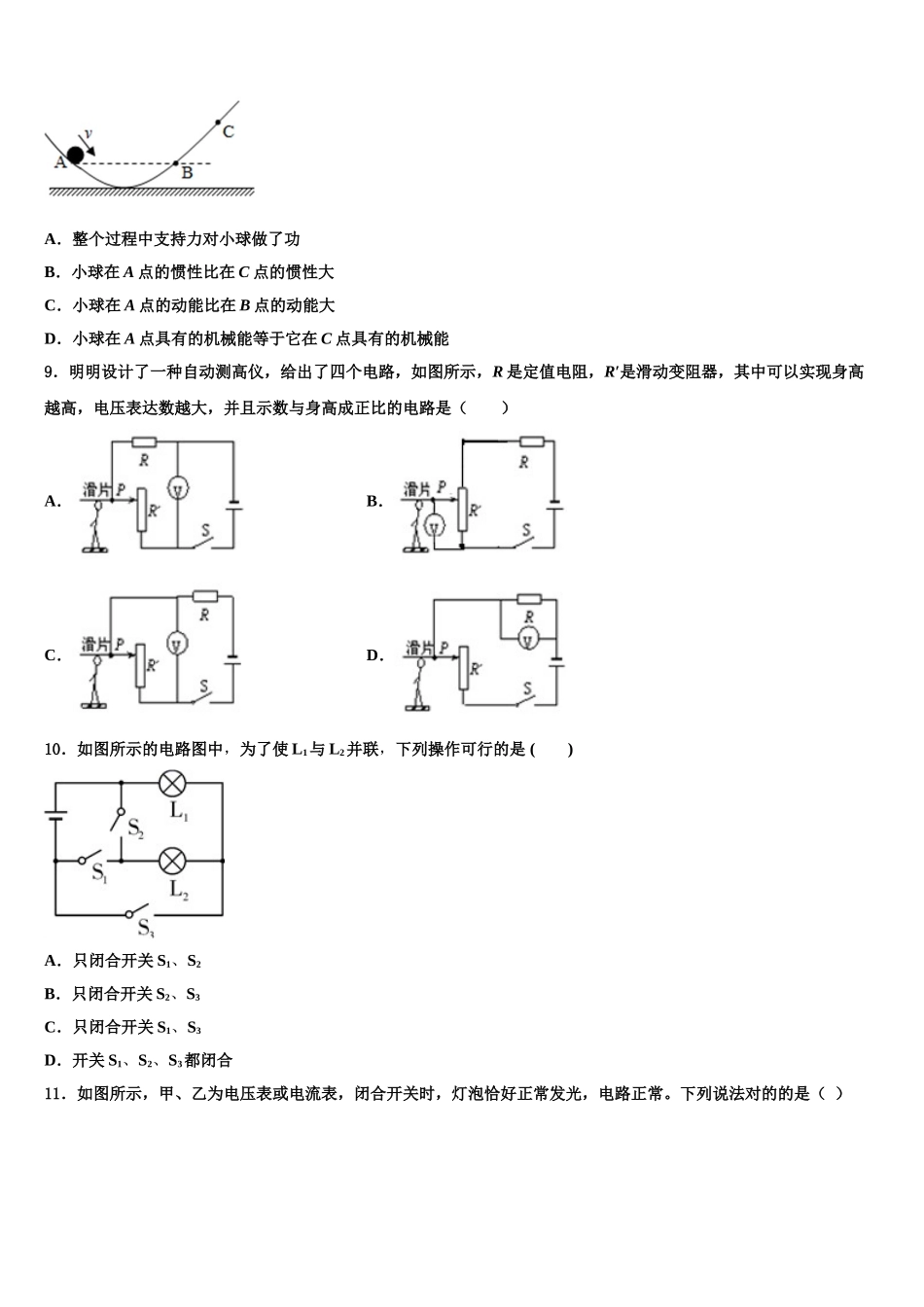 2025年安徽省滁州市南谯区九年级物理第一学期期末学业水平测试模拟试题含解析_第3页
