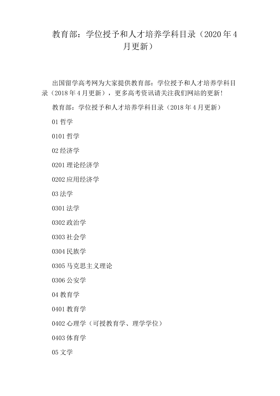 教育部：学位授予和人才培养学科目录(2020年4月更新)_第1页