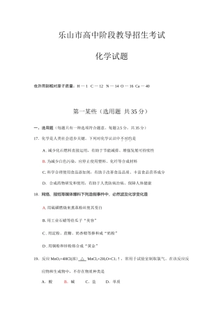 2025年四川省乐山市高中阶段教育招生考试化学试题含答案